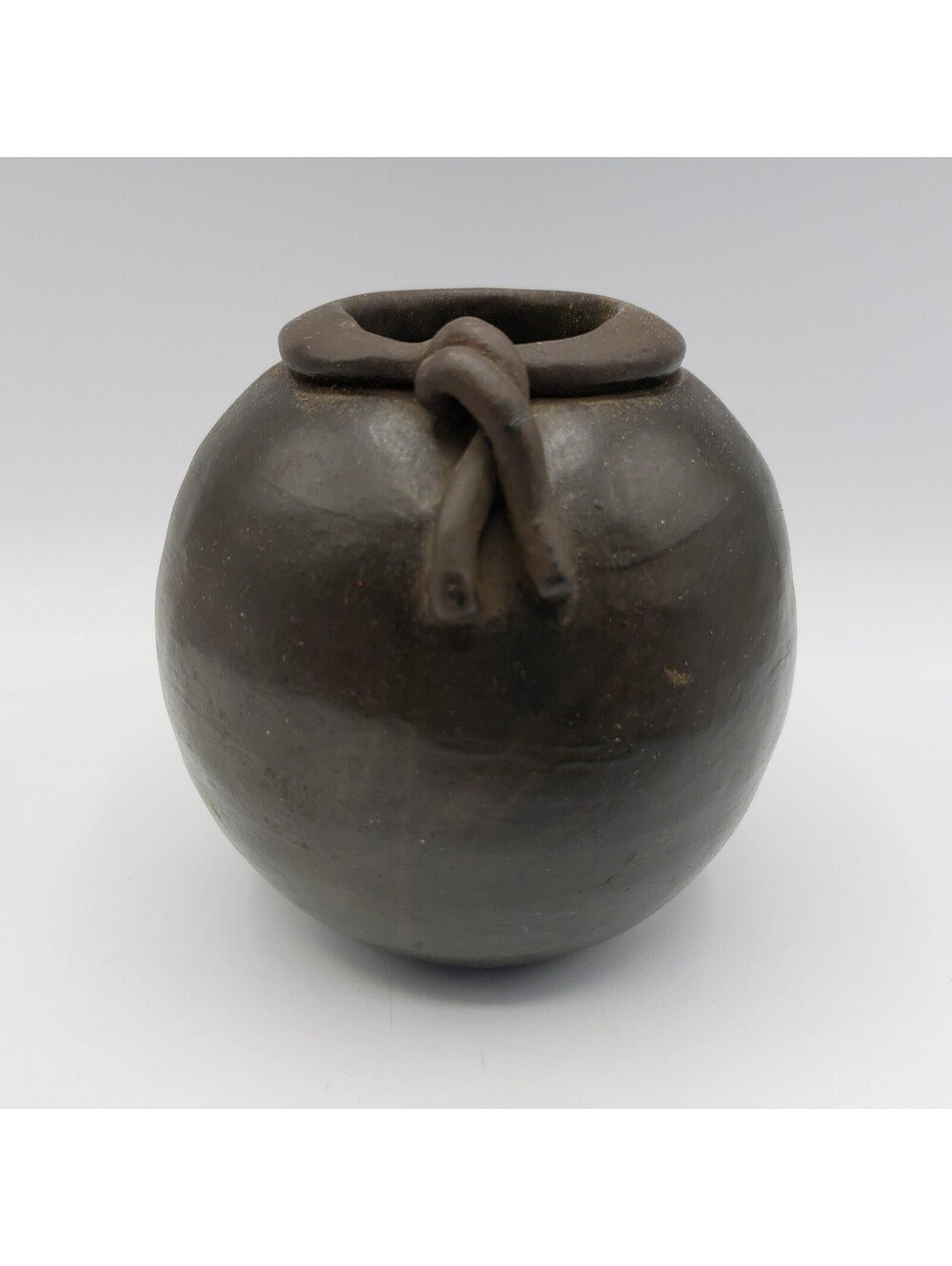 Art Pottery Vase Pot Vessel Signed CD 10Z Round Brown with Collar Knot